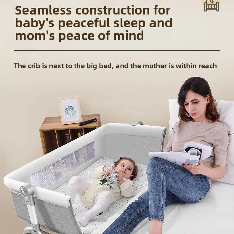 Babyfond Multifunctional Foldable Portable Baby Crib, Splicable Bedside Cradle Attaches to Queen‑Size Bed for Home Use