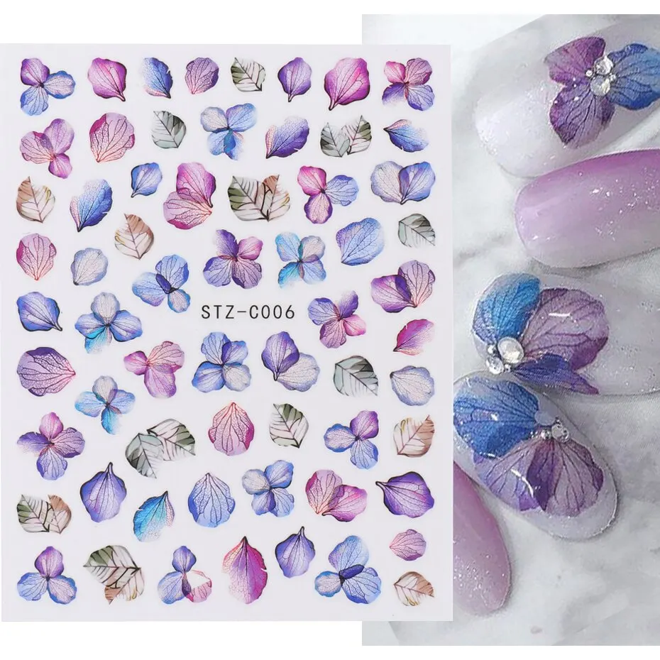 3pcs Purple Flowers Petal Nail Stickers Decals Manicure 3D Adhesive Sliders Tattoo Japanese Charms Nail Art Decorations