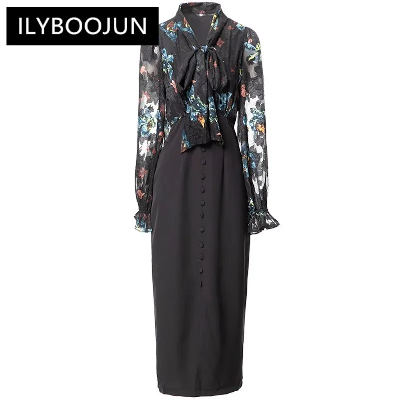 

ILYBOOJUN Fashion Women's New Scarf Collar Lantern See-Through Long-Sleeved Vintage Printed Patchwork Pencil Hip Wrap MIDI Dress
