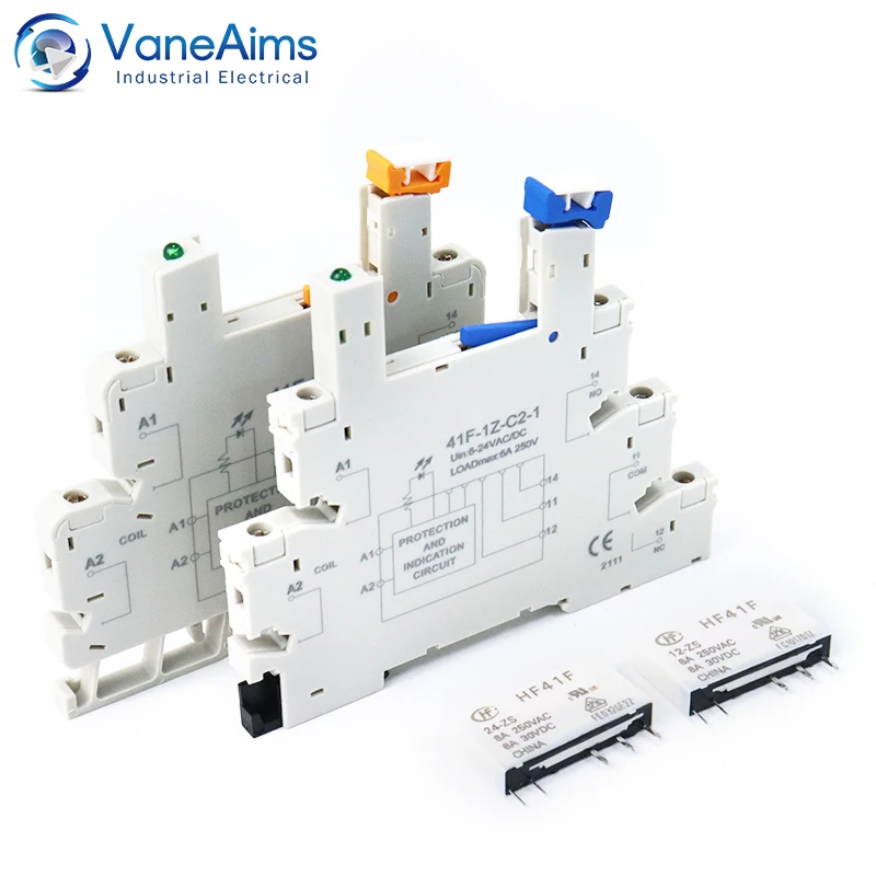 Ultra Thin Relay Module DIN Rail Mounting HF41F 12-ZS 24-ZS Ultra Slim Ultra-thin Electromagnetic Relay DC 12V 24V 6A with LED