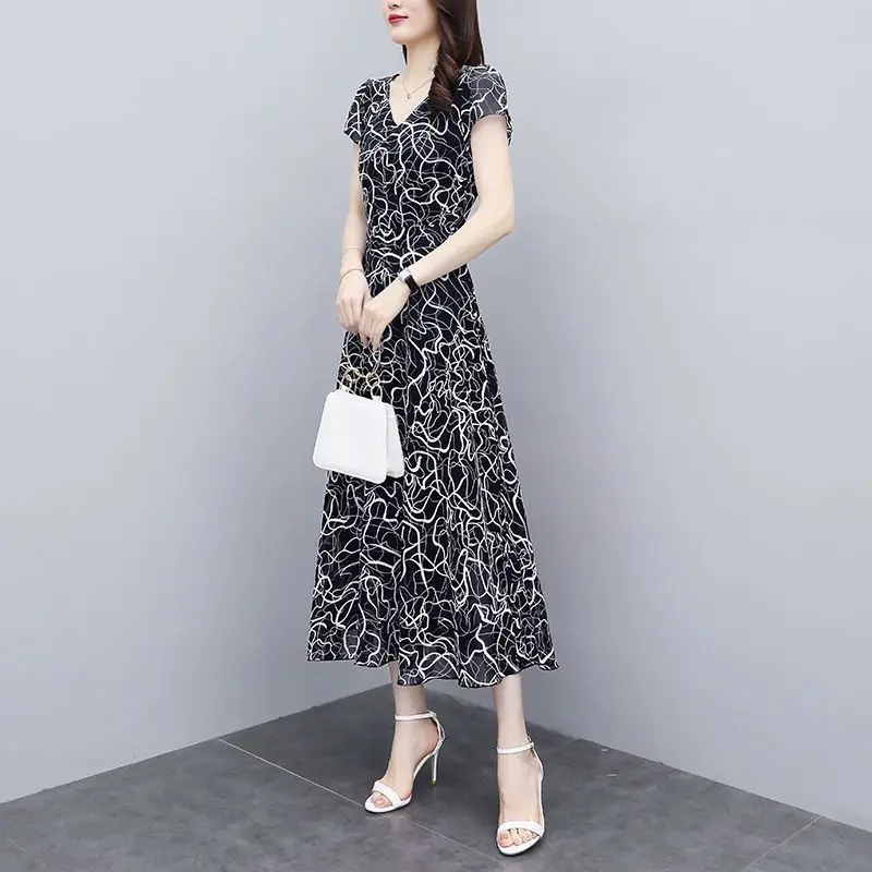 2023 Summer New Commuter Women's Short Sleeve V-Neck Fashion Trend Casual Simple Printing Elegant Versatile Mid length Dress