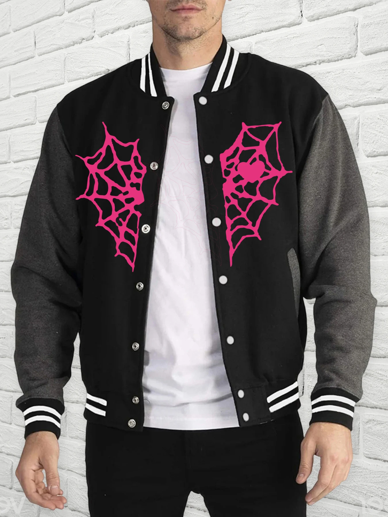 Pink Spider Love Baseball Uniform Man Cartoon Image Hooded Casual Soft Men American Jacket fur-liner Spring Autumn Clothing