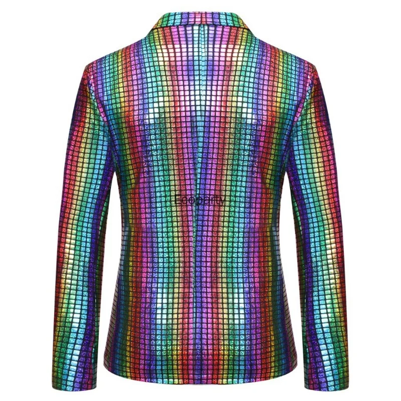 Colorful Sequined Blazer Shiny Metallic Suit Jacket for Men Night Out Wear Performance Party 70s Disco Rainbow Men's Clothing
