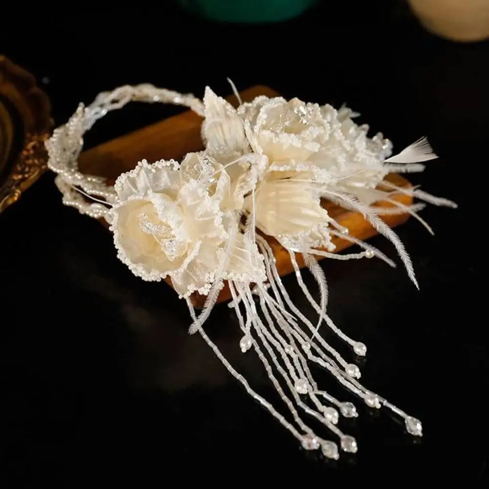 Fada requintado nupcial headbands pena pérolas noiva headdress flor luxo casamento headwear