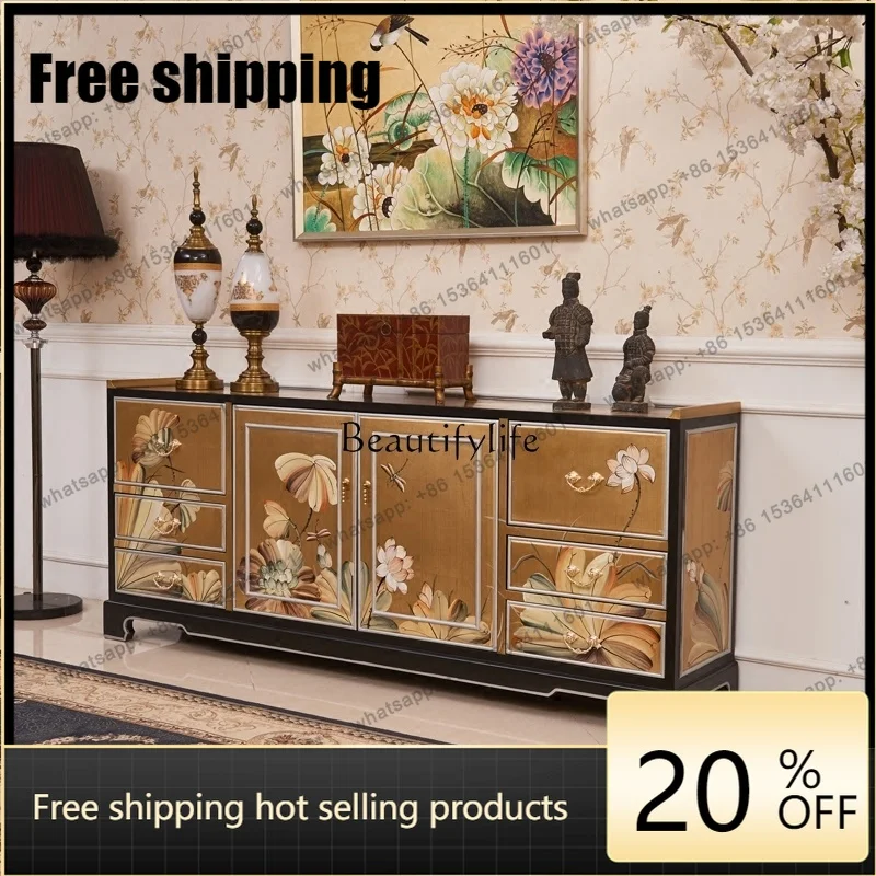 JJ  New Chinese Model House Living Room Gold Foil Painted Lotus TV Floor Cabinet Dining Side Cabinet