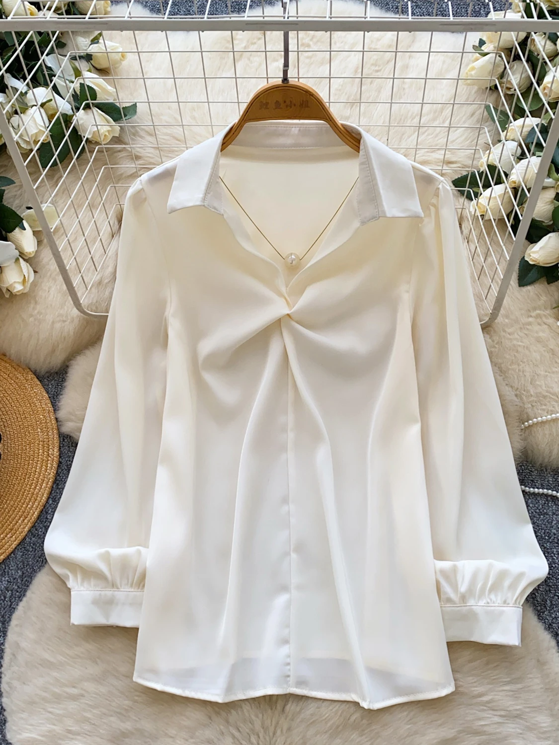 

Ele Long Sve Knot Neline Loose Fit Slimming Base Layer irt for Women Commute Sle Korean Version Polyester Fiber