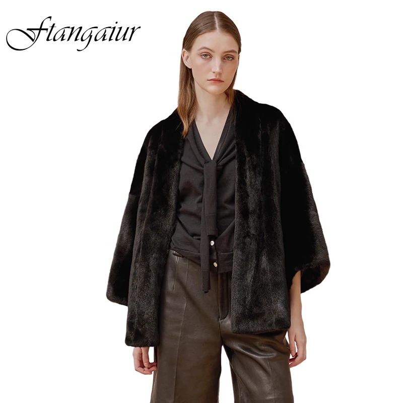 

Ftangaiur Winter Import Swan Velvet Mink Coats Minimalist V-neck Flared Seven Quarter Sleeve Women Natural Real Mink Fur Coat
