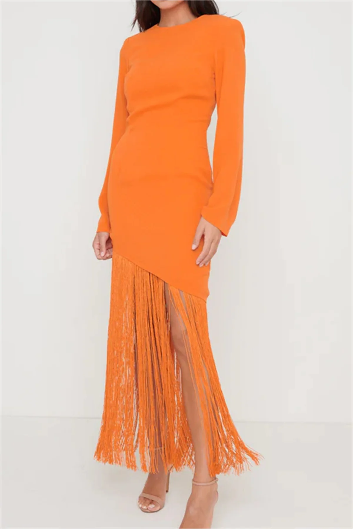 Formal Occasion Dress Round Neck Long Sleeves To Ankle Fringe Buttons Orange Elegant Spring And Autumn New Robe De Soirée