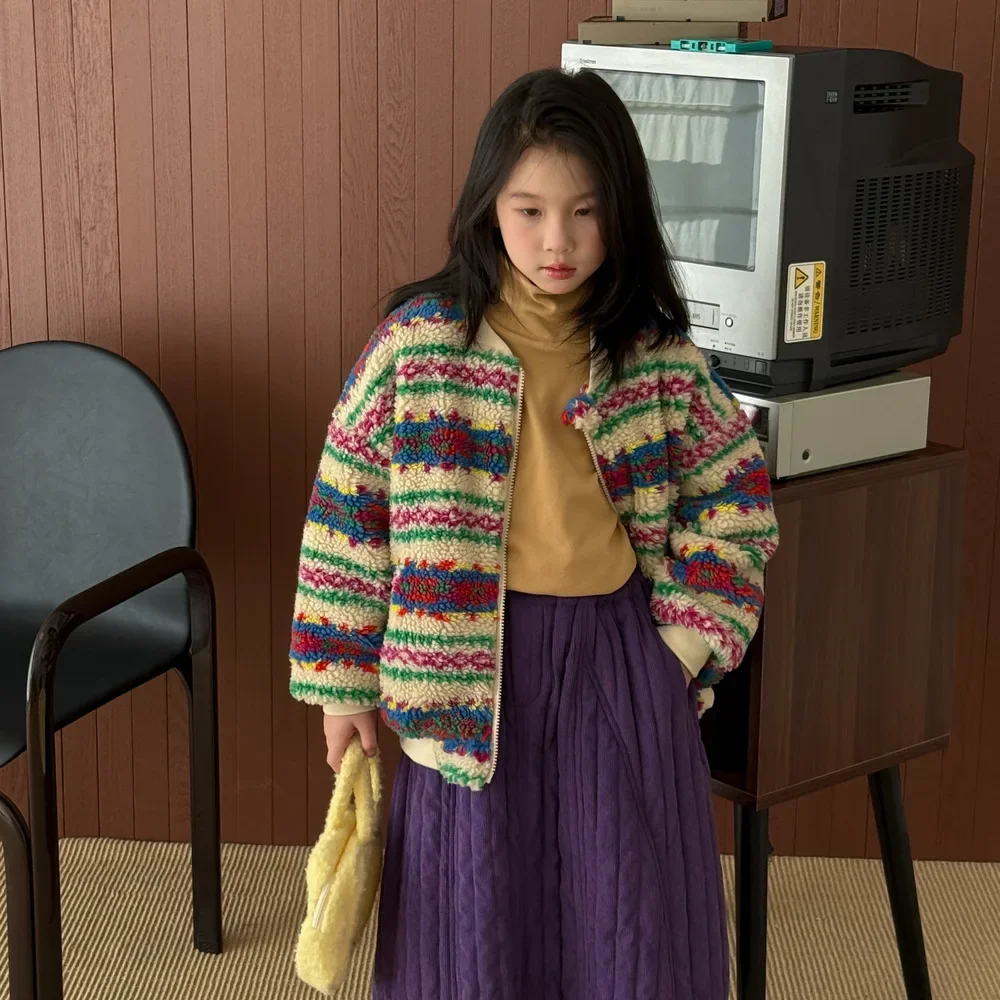 

Winter Kids Girls Woolen Coat Rainbow Striped Round Collar Children Girl Outerwear Coat Warm Zipper Versatile Babys Girls Jacket