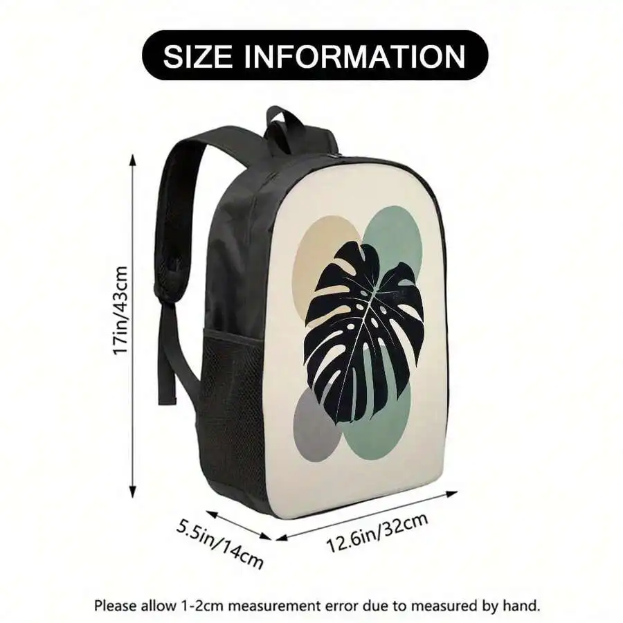 Lightweight Leaf Print Backpack For Adults - Black Green Beige Adjustable Strap Daypack Urban Style
