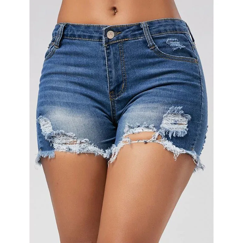 Ripped Fringe Denim Shorts For Women Dark Blue Jeans Shorts