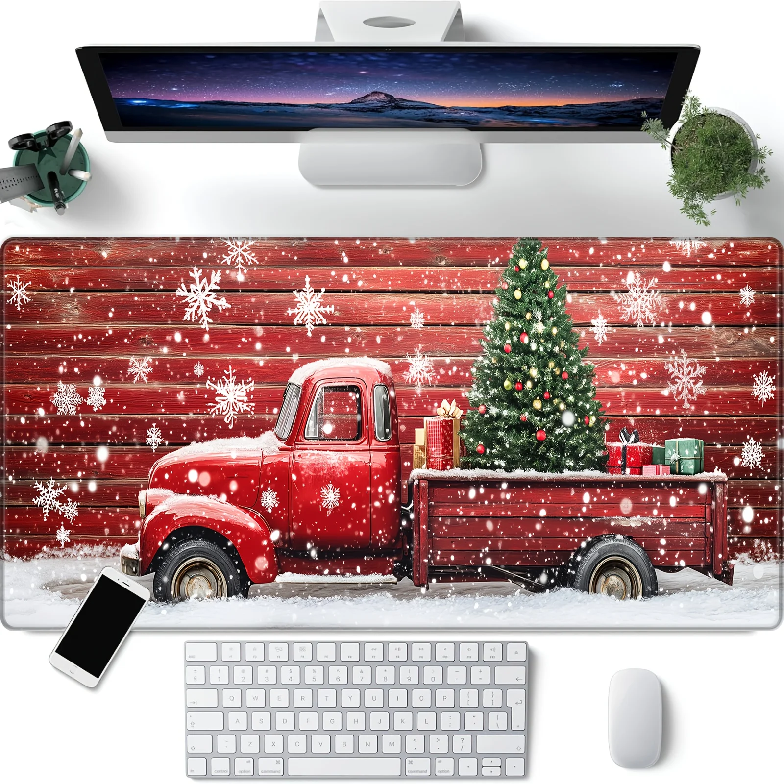 

The anti-slip rubber bottom and sewn edge Christmas tree and red truck mouse pad in large size are suitable for home offices