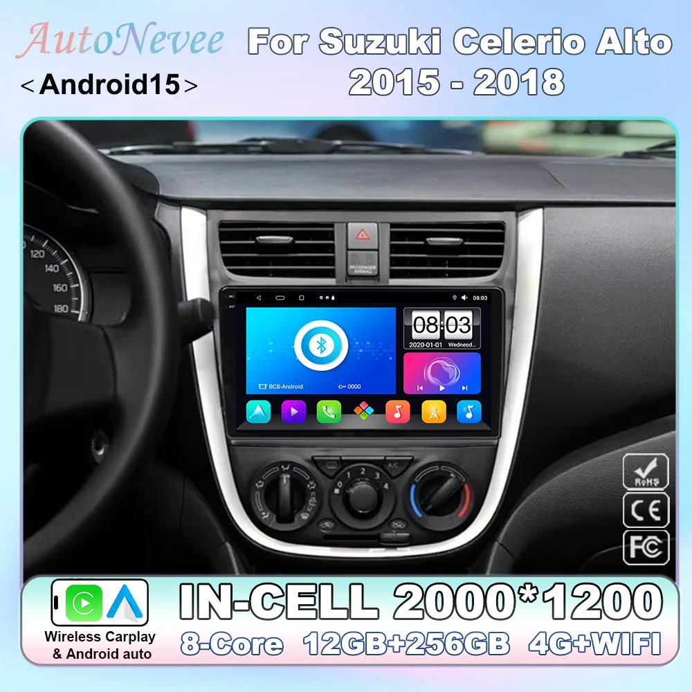 Carplay Android 15 9 inch Auto Radio Video Stereo Multimedia Navigation GPS For Suzuki Celerio Alto 2015 - 2018 4G WIFI 2din DVD