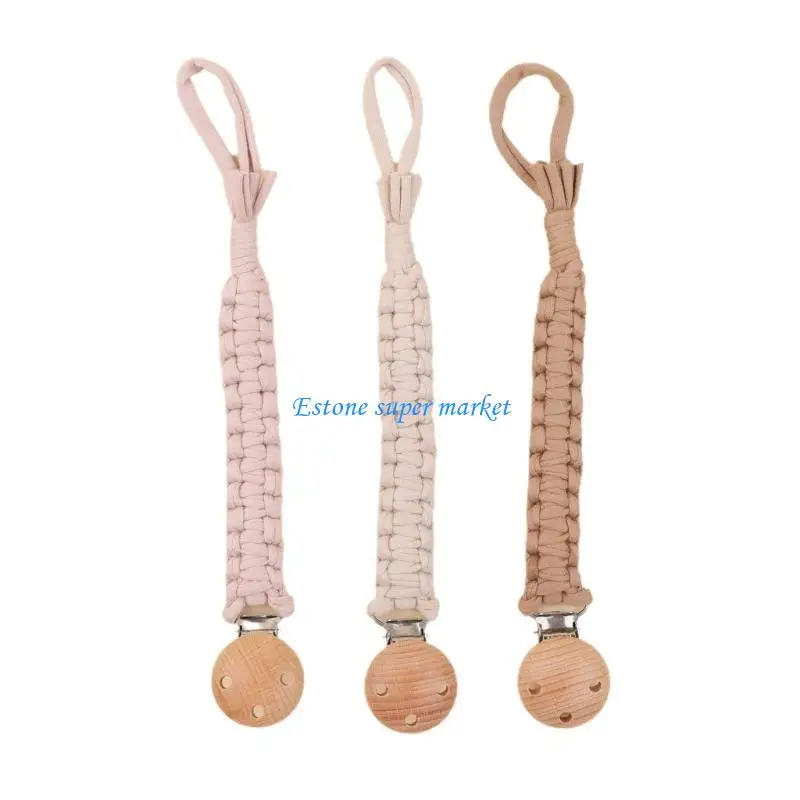 090B Pack of 3pcs Baby Pacifier Clip Chain Wood+Cotton Teether Holder Rope Infants Teething Toy Strap Toy Organiser Rope