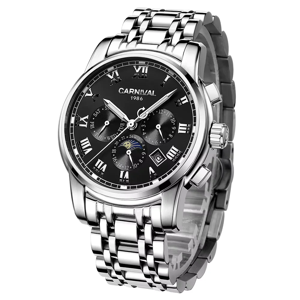 

CARNIVAL Fashion Multi Function Mechanical Watches High Quality SEAGULL Automatic Watch Sapphire Moon Phase Relojes Para Hombres