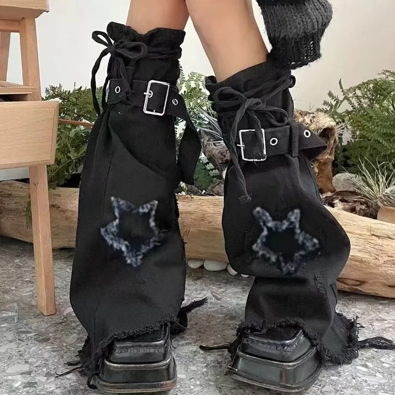 Y2K Japanese JK Lolita Denim Leg Warmers with Drawstring & Pentagram Design Star Print Trumpet Leg Covers Footcover for Cosplay
