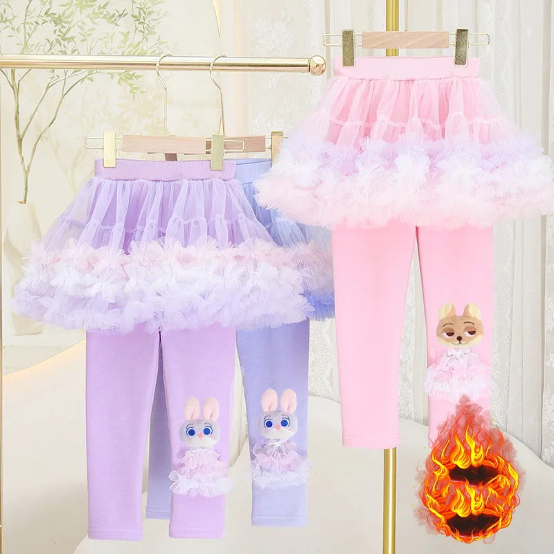 

Girls' Fleece Mesh Splicing Pants Autumn Winter Judy&Nick Appliques Skirtpants Fashion Cute Zootopia Fake2 Pieces Trousers