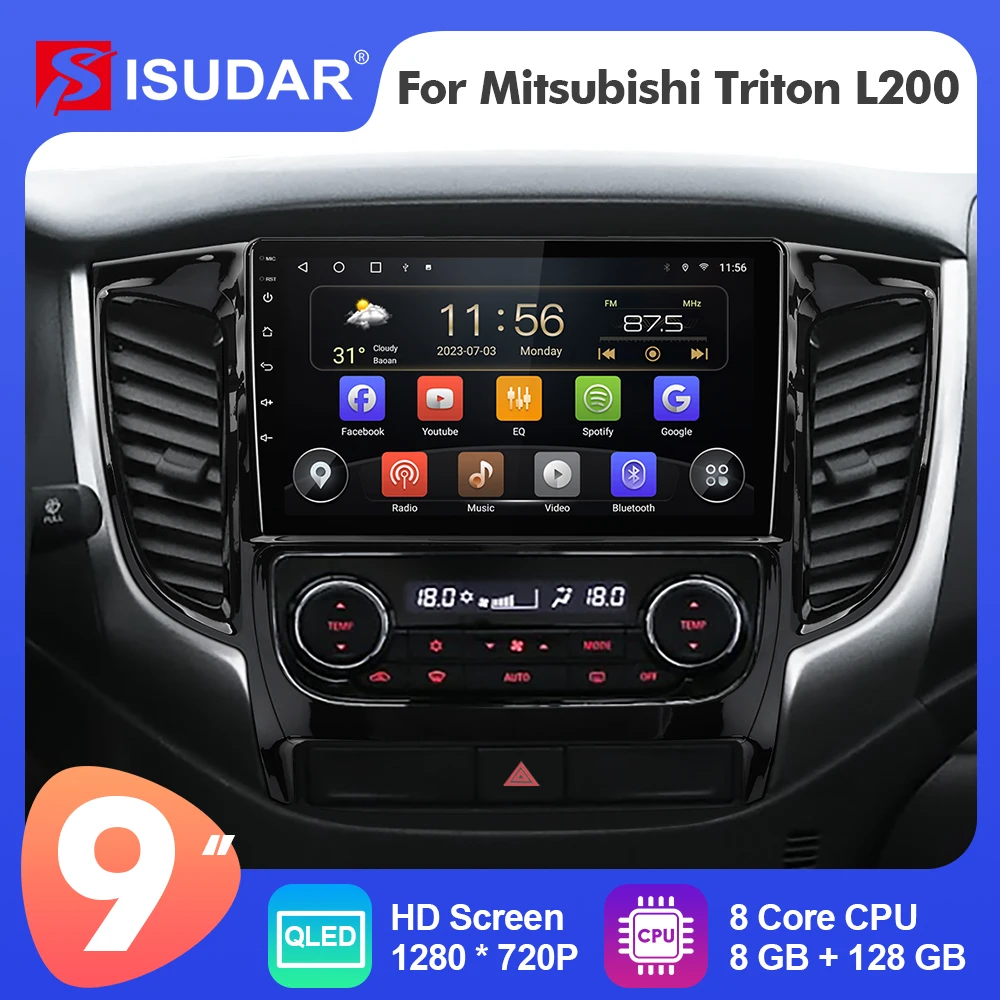 9 Inch Isudar Android 12 Car Radio For Mitsubishi L200 2017-2022 Manual Air Conditioner Carplay Auto Stereo No 2din