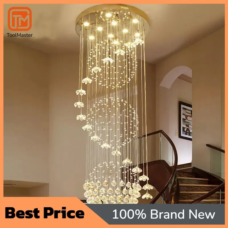 【Hot Sale】Villa Long Linear Pendant Light K9 Crystal Remote Control LED Adjustable Height Luxury Large Chandelier Dimmable 3000-