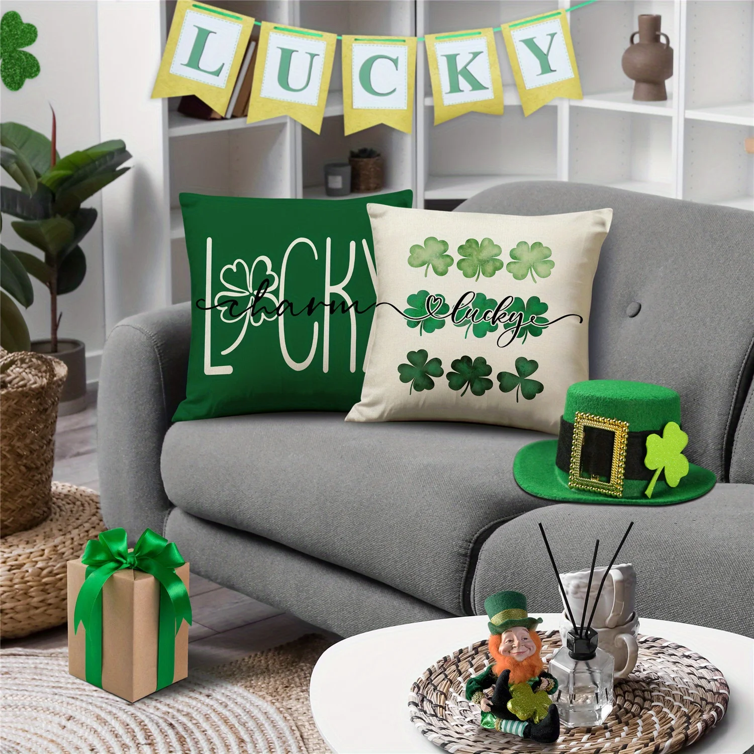 Double-Sided Printed Pillowcase Living Room Sofa Chair Decor Buffalo Plaid Lucky Clover Hat St Patricks Day Throw Pillow Covers