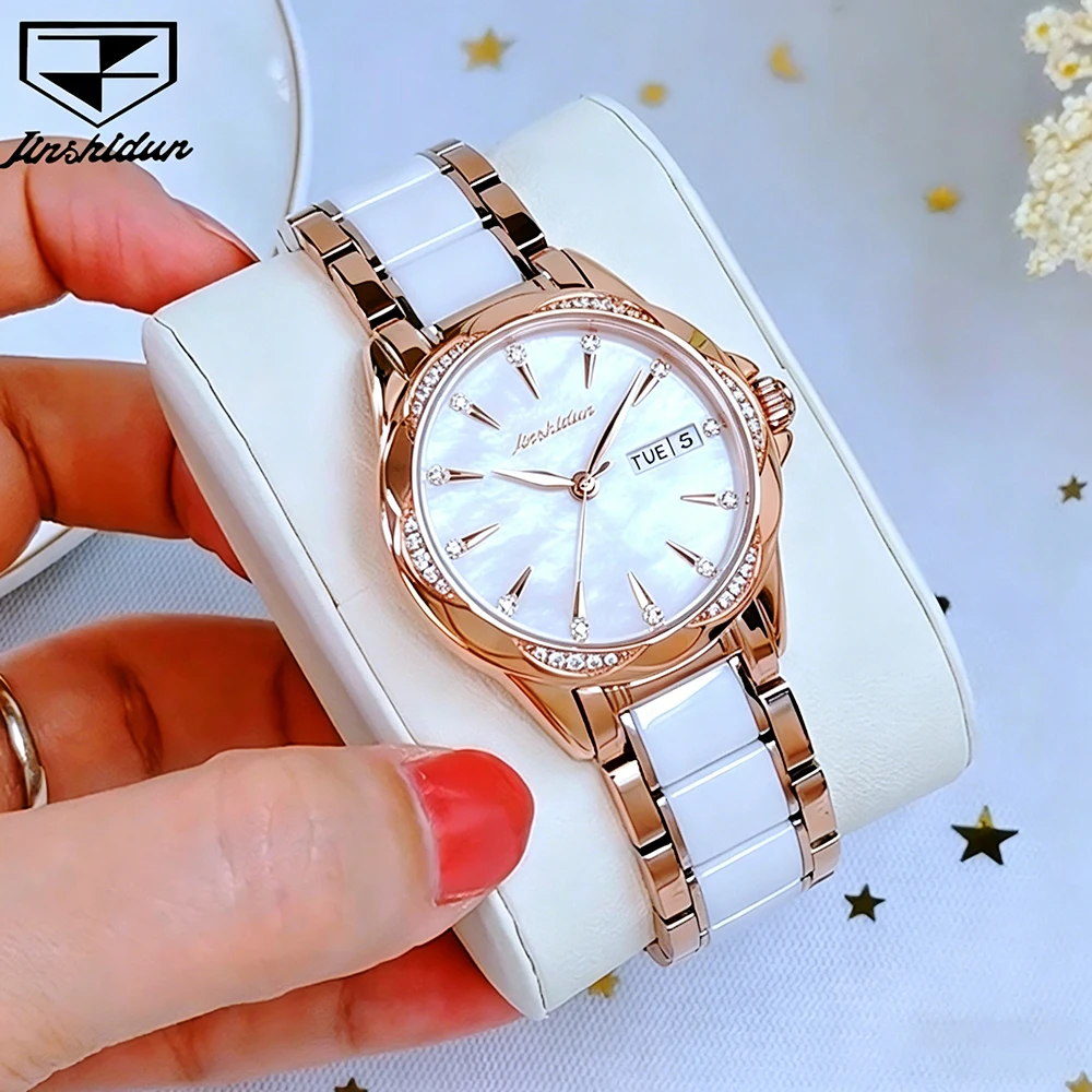 JSDUN Women's Watches Luxury Elegant Ceramic Strap Rose Gold Original Automatic Mechanical Wristwatch Sapphire Mirror Waterproof