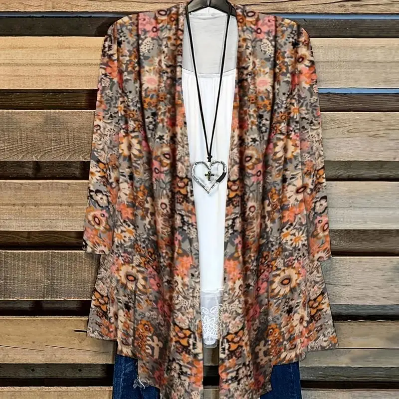 

Plus Size Casual Coat, Women's Plus Allover Floral Print Long Sleeve Open Front Cardigan