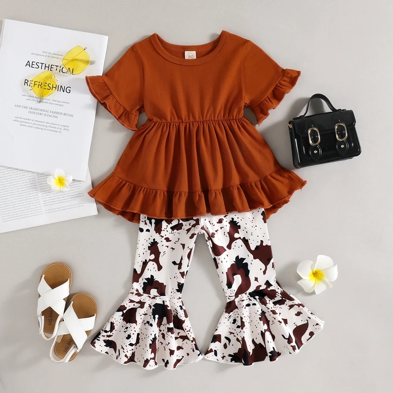 Toddler Girl Outfit Floral Print Short Sleeve Top with Ruffle Detail and Wide-Leg Pants Set Casual 2 Piece Suit