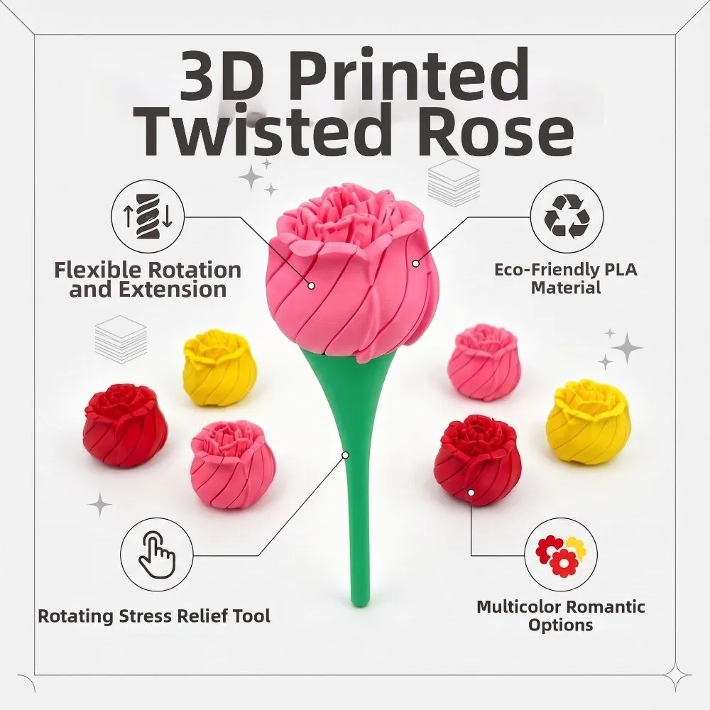 Bloom Flower 3D Printed Twist Rose Novelty Gift Deformable Twist Flower Stress Romantic Handheld Rotatable Fidget Rose Ornament