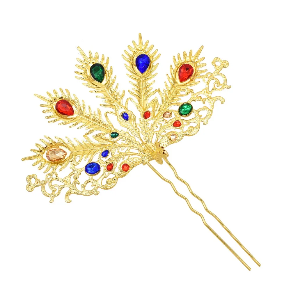 

Gold Thai Metal Leaves Hairpin Silver Colorful Rhinestone U-shaped Hair Fork Yunnan Dai Style Headwear Thai Hair Sticks Festival