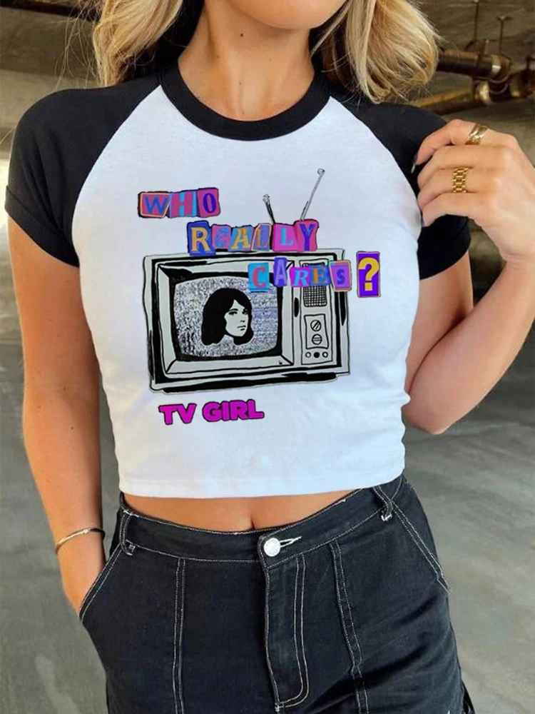 Y2K Tops Crop Top I Love TV Girl Graphic Print White Vintage Tops Women Short Sleeve Tees Female T-Shirts 2023 Sexy Clothes