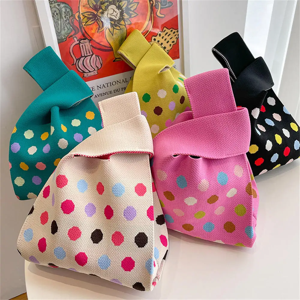 Bolso de punto de lunares para mujer, Bolsa japonesa con nudo de muñeca, bolso informal de Color, bolso de hombro de punto para estudiante, bolsos de compras reutilizables