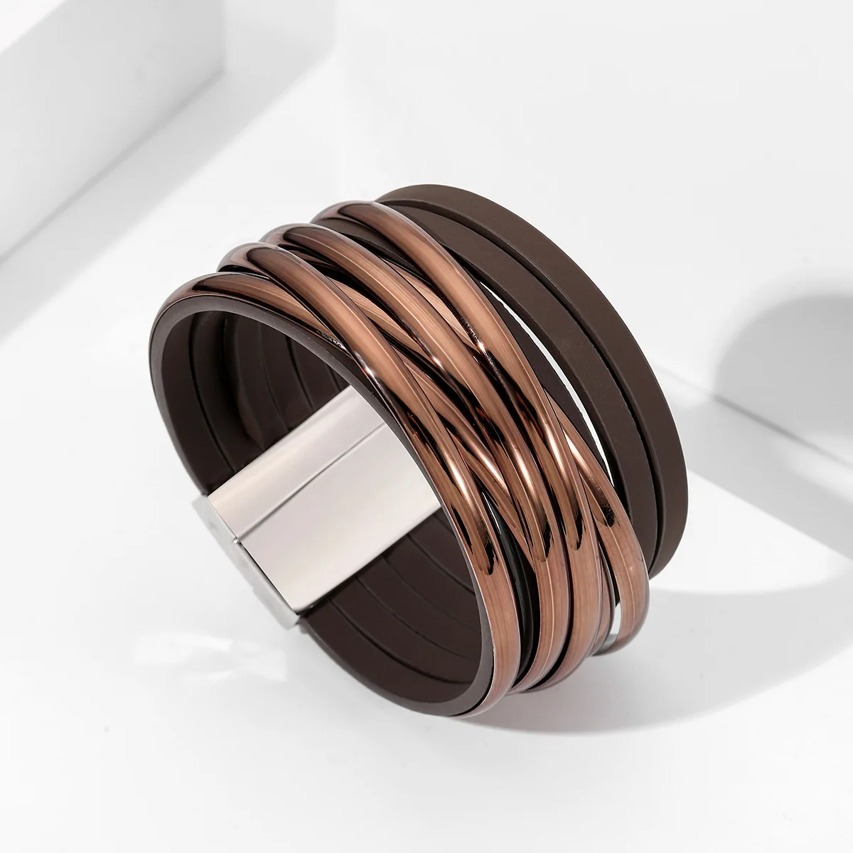 Fashion pu multilayer women leather braided bracelet ladies sequins interspersed design magnetic clasp bracelet  Jewelry