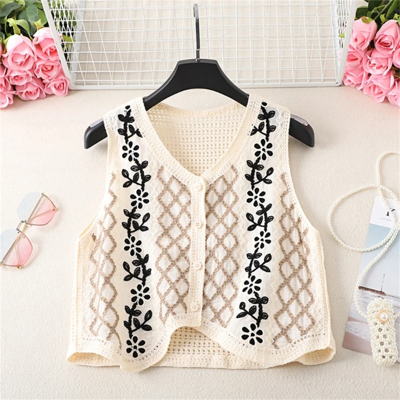 Cardigan sans manches pour femmes, tricot au Crochet, carreaux diamant, boutons, haut court, gilet