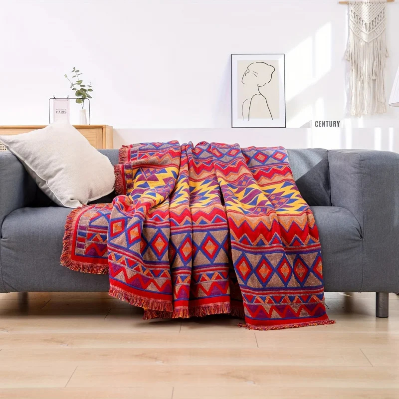 

Reversible Bohemian Southwestern Throw Blanket, Soft Jacquard with Fringe, Aztec Geometric Pattern for Couch & Bed Decor