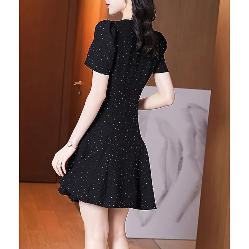 Elegant V-Neck Spliced Loose Beading Folds Ruffles Mini Dress Women\'s Clothing 2023 Summer New Office Lady Polka Dot Sexy Dress