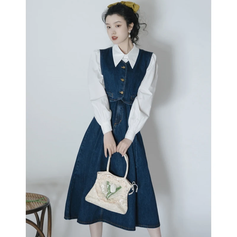 

Женские винтажные весенне-осенние рубашки, джинсовые жилеты, юбки из трех предметов, женская изящная блузка с пышными рукавами, топы на бретелях, джинсовая одежда