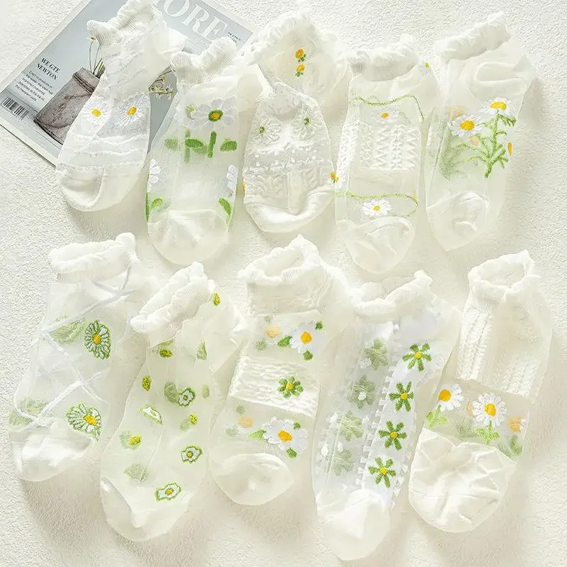 

5Pairs Summer Thin Breathable Short Women White Socks Low Tube Cool Socks Cute Floral Glass Silk Fashion Transparent Sock