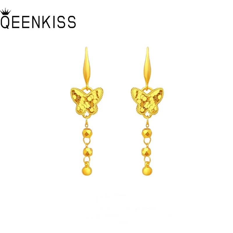 

QEENKISS 24KT Gold Butterfly Tassel Drop Earrings For Women Wedding Party Birthday Christmas Bride Mother Girl Lady Gifts EG5524