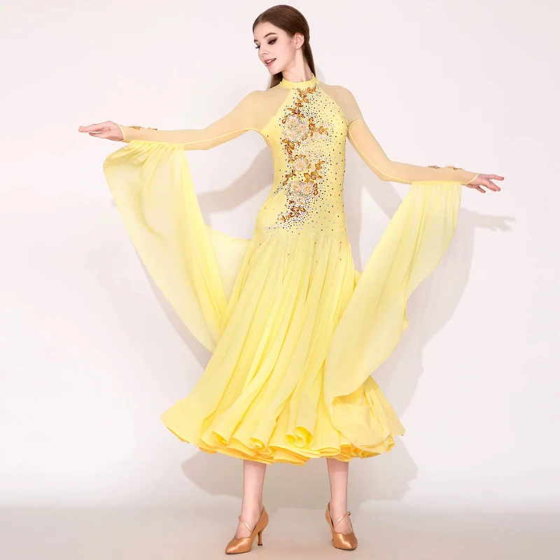 فساتين قاعة الرقص القياسية للنساء تصميم جديد أصفر حديث الفالس المنافسة الرقص تنورة الكبار أنيقة فستان رقص قاعة الرقص #4