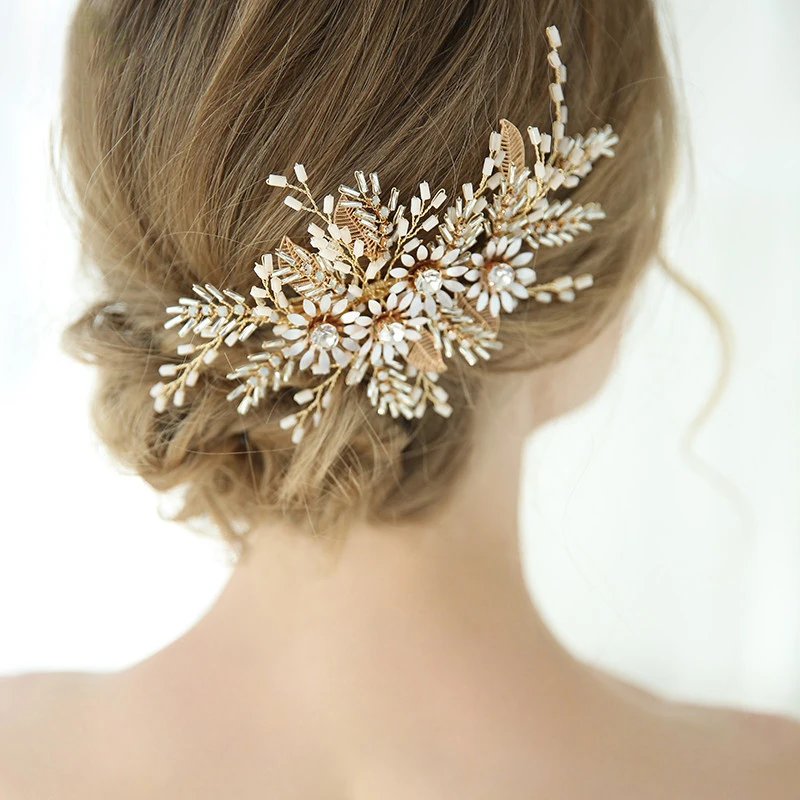 

Charming Wedding Hair Accessories Gold Color Flower Leaf Bridal Hair Clip Comb Handmade Women Headpiece