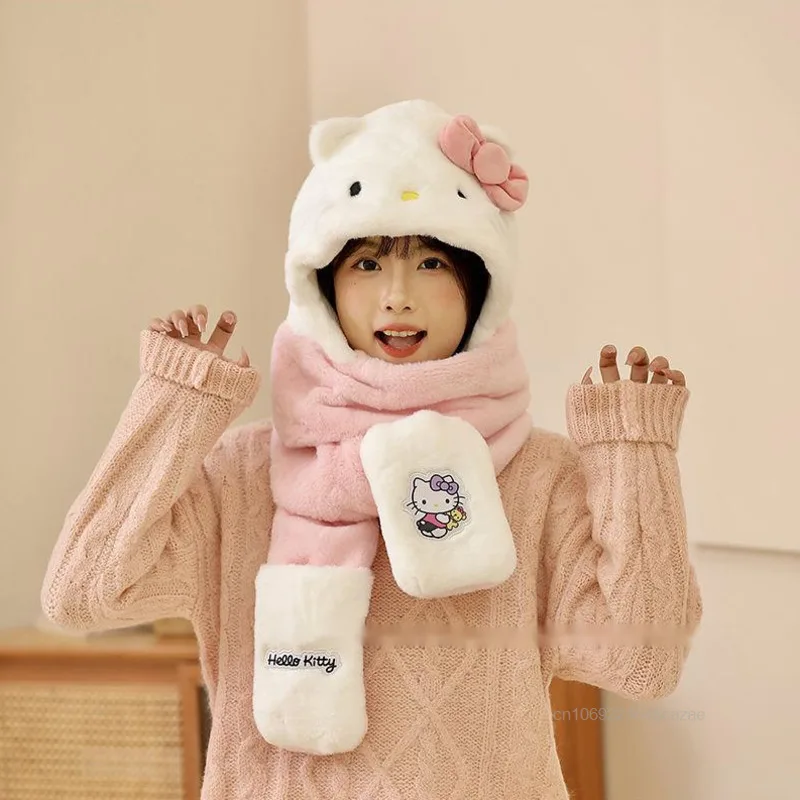 Sanrio sarung tangan syal topi Hello Kitty topi wanita lucu musim dingin kartun hangat 3 potong Set Y2k Aksesori boneka gadis manis