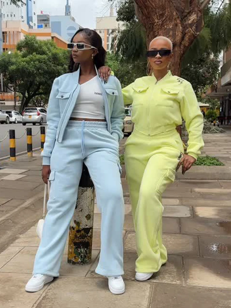 Multiple Pockets Design 2 Piece Set Woman Zip Cardigan Full Sleeve Jacket+Straight Pants Casual Sporty Style Fashion Suit