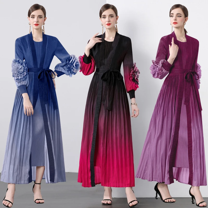 

High-End Celebrity Gradient Floral Belted Jacket Straight Tube Skirt Women's Fashion Artistic Versatile Polyester Fiber Long ...