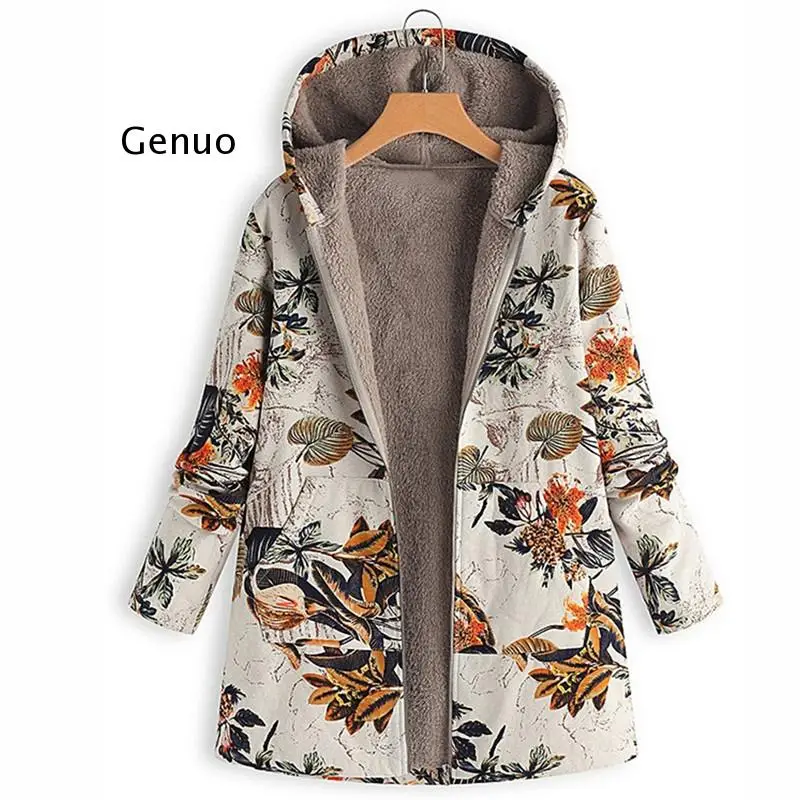 Women Vintage Warm Coats Autumn Winter Casual Printed Fashion Hooded Outwear Plus Size Long Sleeve Zipper Jackets Coats