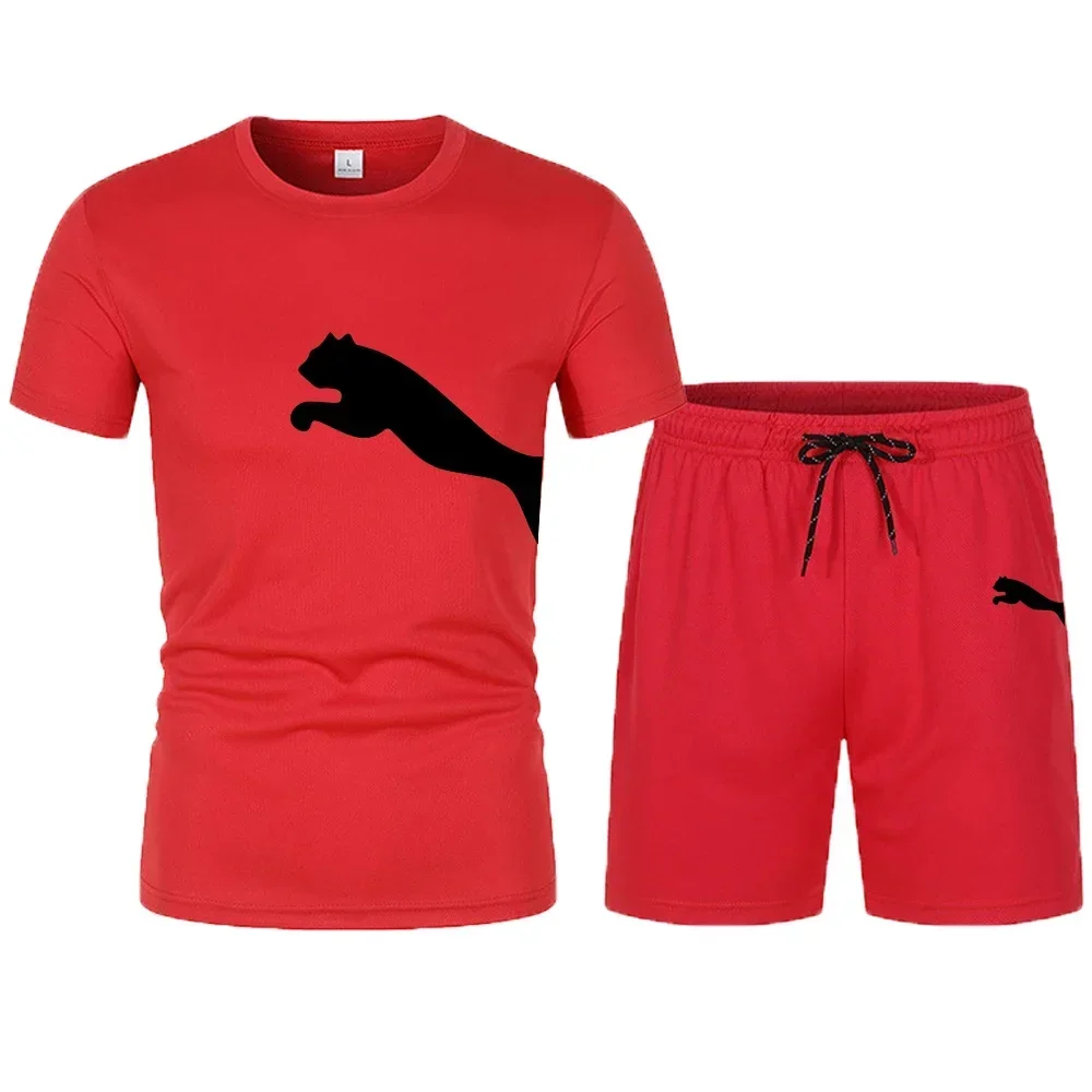 2024 Summer Men\'s Set Casual T-shirt 2-piece Set Simple Retro Street Sports Youth Solid Round Neck Short Sleeve Men\'s Clothing