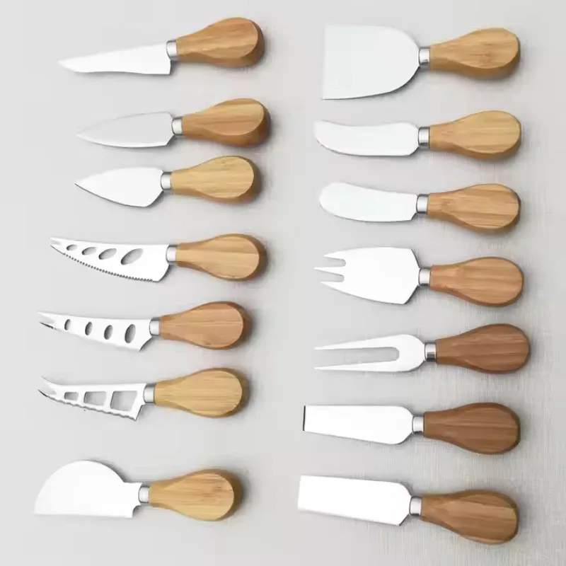 Cuchillos para queso de acero inoxidable con mango de madera de bambú, rebanador de queso, cortador de queso, cuchillo para mantequilla, herramienta de cocina para hornear, 1 ud.