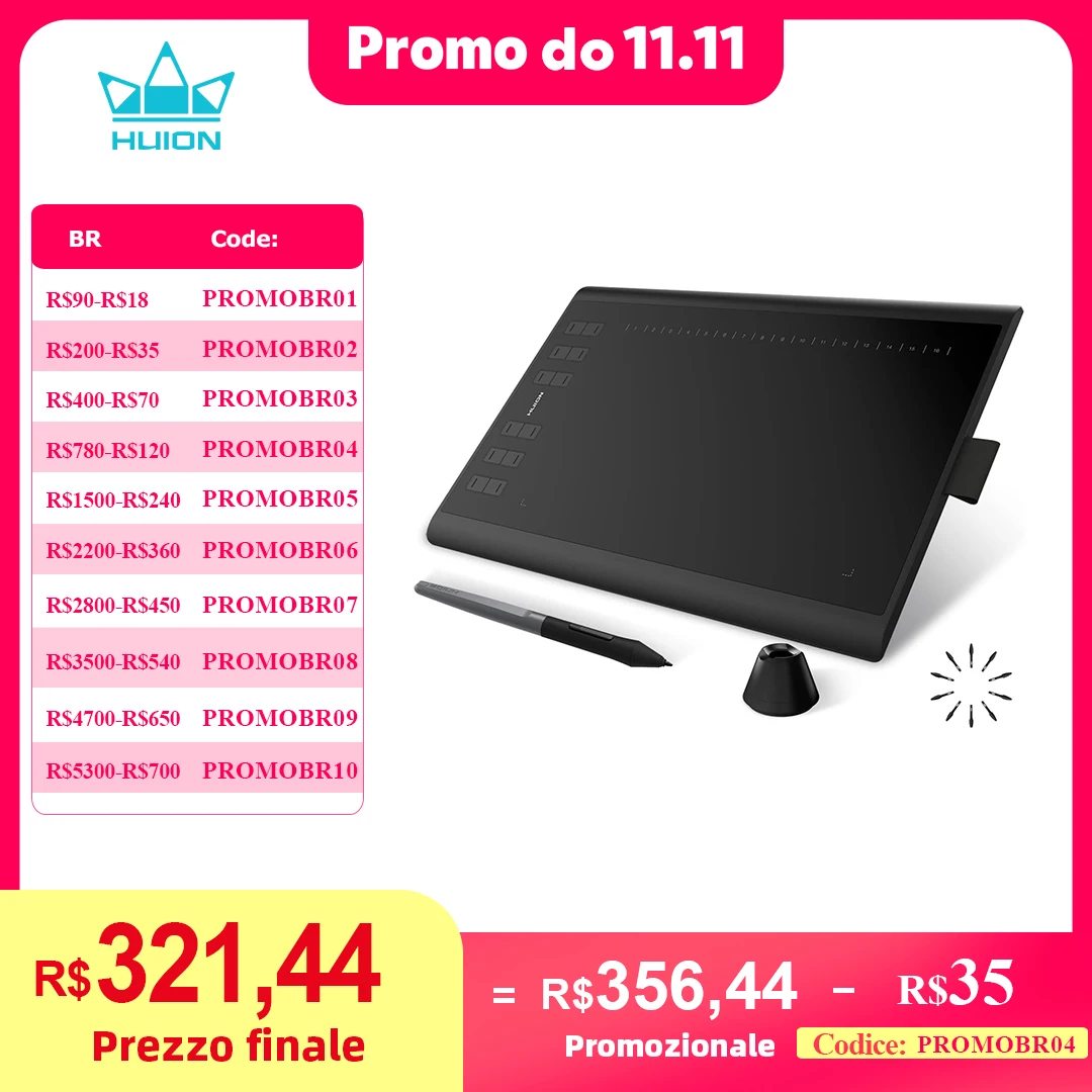 

Графический планшет HUION H1060P, стилус без батареи, цифровые планшеты, 8192, уровень, давление ручки с 12 экспресс-клавишами, адаптер OTG