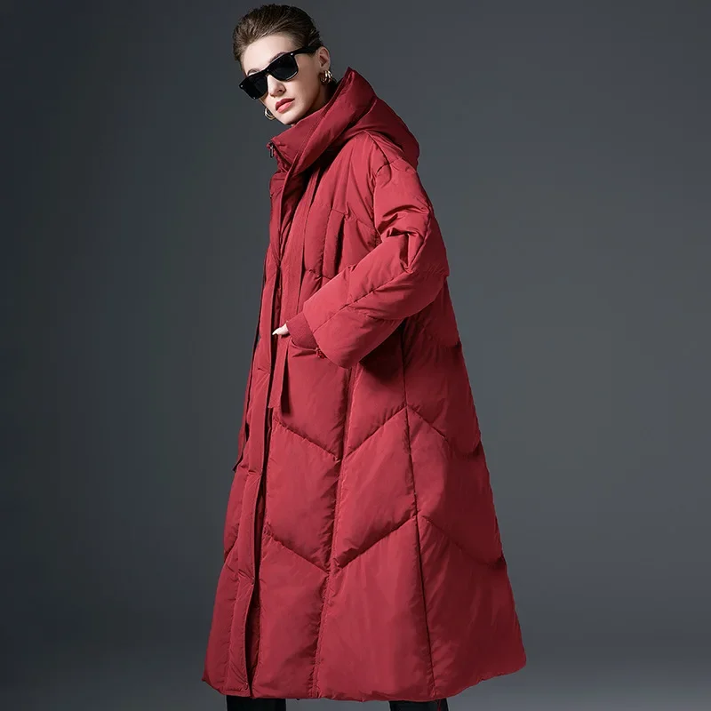 Winter Nieuw Origineel Ontwerp Dames Lange Verdikte Eend Donsjack Losse Plus Size Witte Eendenveren Jas Comfortabel Gewatteerd