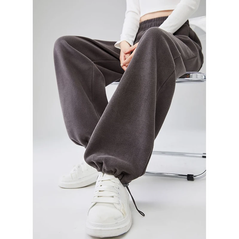Pantalones clásicos grises de cintura alta para mujer, cómodos pantalones de chándal de pierna recta, pantalones lisos con cordón a la moda para mujer