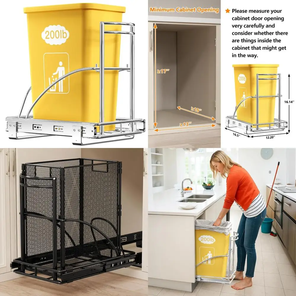 

Heavy-Duty 7-13 Gallon Pull-Out Trash Can for Under Cabinet, 50Qt Slide-Out Waste Bin, 13 Wide x 1 Deep Kitchen Garbage Bin